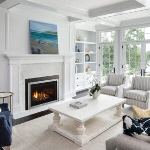White walls living room with wood fireplace