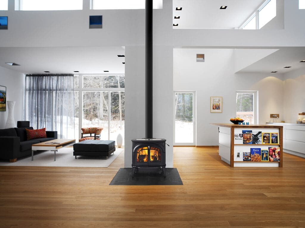 An energy efficient wood and pellet stove in a modern home