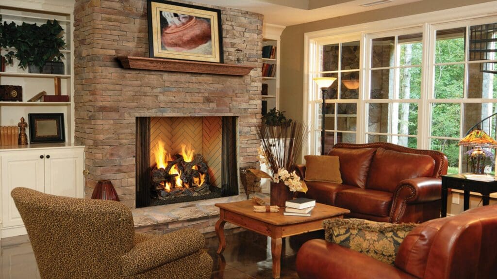 A cozy fireplace in a living room
