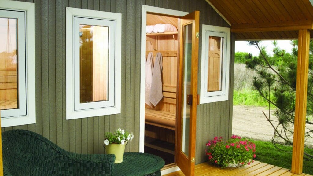 an outdoor sauna in the morning, the best time of day to use a sauna in summer